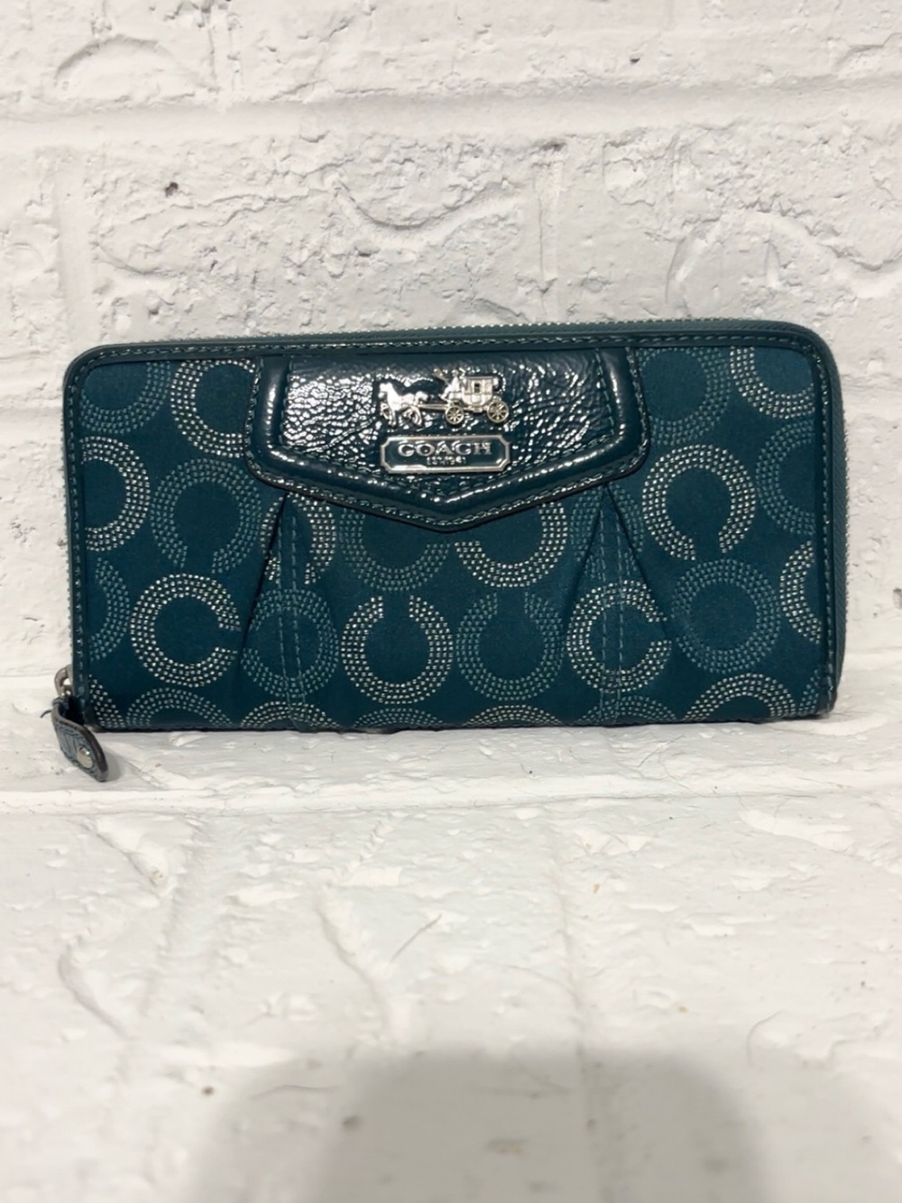 Coach Vintage Teal Signature Zip Wallet with Silver Hardware